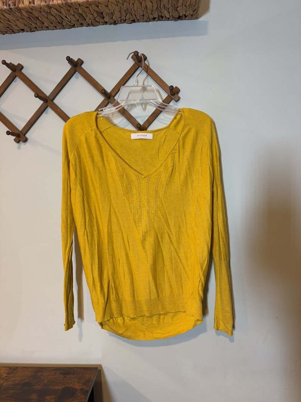Promod Mustard Yellow V-Neck Metallic Knit Sweater